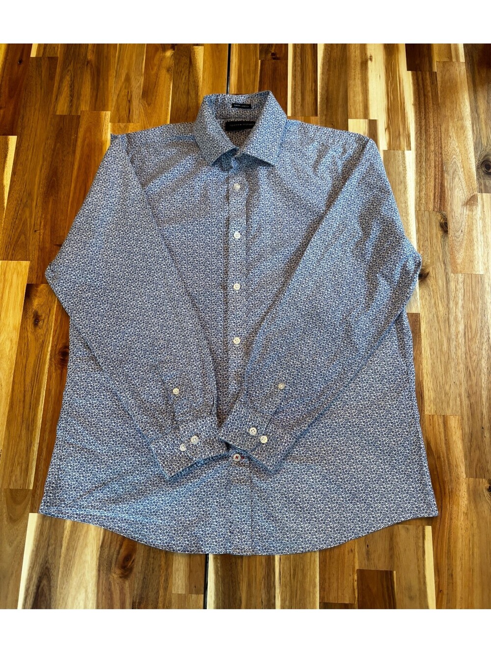 Tommy Hilfiger Men L Slim Fit Stretch Blue White Floral Button Down Shirt (2121)